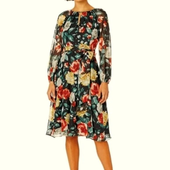 Tahari ASL Floral Velvet Silhouette Chiffon OverlayDress Red Yellow Bloom Black - Picture 14 of 14